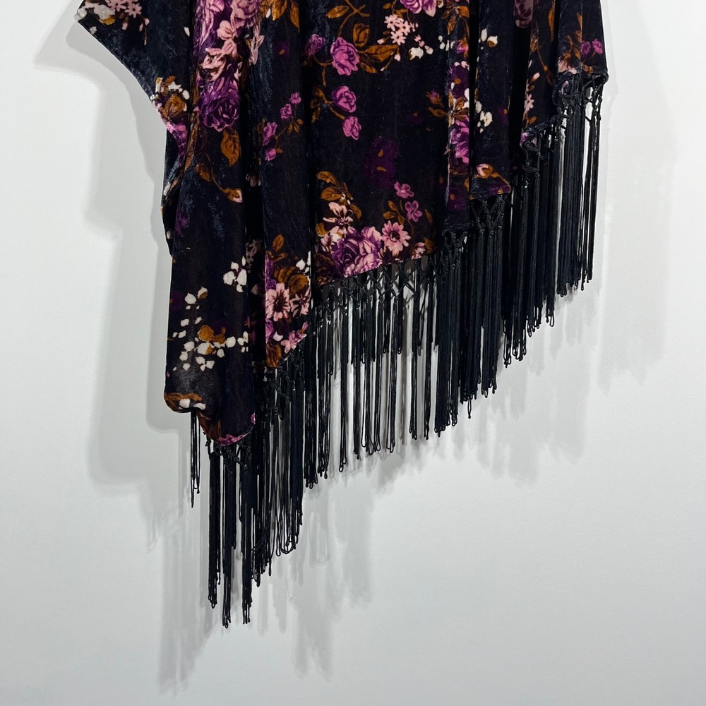 Saachi Anthropologie Womens Floral Velvet Fringe Poncho Top Boho Asymmetrical OS - Picture 10 of 12